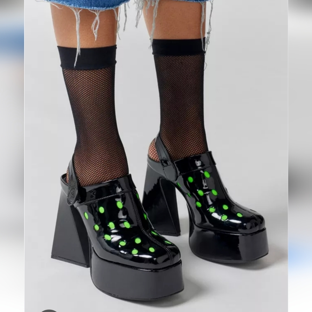 Platform Mary Jane Pumps in Black with Neon Green Dots